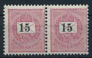 1889 15kr pár enyhén decentrált, 12 : 11 3/4 fogazással, apró lemezhibákkal, luxus minőségben! Rendkívül ritkák a postatiszta összefüggések!