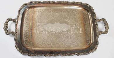 Kétfüles ezüstözött szervírozótálca, kopással, 61x34 cm