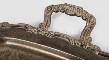 Kétfüles ezüstözött szervírozótálca, kopással, 61x34 cm