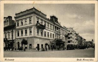 Kolozsvár, Cluj; Deák Ferenc utca, Dombi üzlete, magyar zászlók, mentőautó / street view, shops, Hungarian flags, ambulance (EK)
