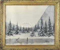 Mille jelzéssel: Téli táj. Olaj, karton. Dekoratív, üvegezett, kissé sérült fakeretben. 39x48 cm