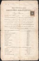 1904 Miskolc, felső kereskedelmi iskolai érettségi bizonyítvány Cholnoky Jenő (1870-1950) földrajztudós, Radvány István királyi tanácsos, Brósz Károly, Haner Viktor, Dunay Sándor, Sarkadi Adolf és mások aláírásával, 1K okmánybélyeggel, kissé foltos, sérülésekkel