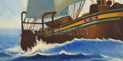 Olvashatatlan jelzéssel: Vitorlás. Olaj, vászon, sérült. Dekoratív, kissé kopott fakeretben. 36x26 c...