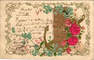 1904 Szecessziós-virágos dombornyomott litho üdvözlőlap selyem rózsákkal / Art Nouveau, floral Emb. litho greeting card with silk roses (EK)