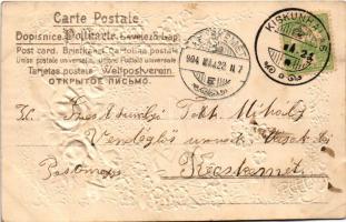 1904 Szecessziós-virágos dombornyomott litho üdvözlőlap selyem rózsákkal / Art Nouveau, floral Emb. ...