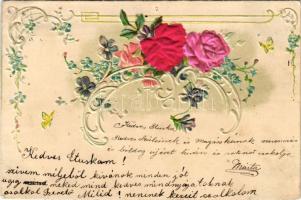 1901 Szecessziós-virágos dombornyomott litho üdvözlőlap selyem rózsákkal / Art Nouveau, floral Emb. litho greeting card with silk roses (lyukak / pinholes)