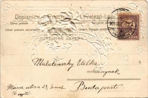 1901 Szecessziós-virágos dombornyomott litho üdvözlőlap selyem rózsákkal / Art Nouveau, floral Emb. ...