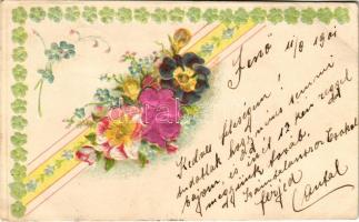 1901 Szecessziós-virágos dombornyomott litho üdvözlőlap selyem rátéttel / Art Nouveau, floral Emb. litho greeting card with silk flowers (EK)