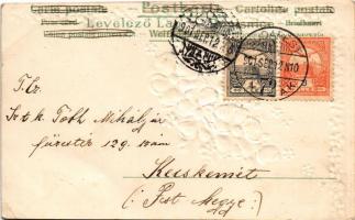 1901 Szecessziós-virágos dombornyomott litho üdvözlőlap selyem rátéttel / Art Nouveau, floral Emb. l...