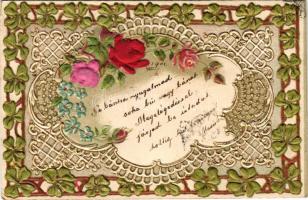 1901 Szecessziós-virágos dombornyomott litho üdvözlőlap lóherékkel és selyem rózsákkal / Art Nouveau...