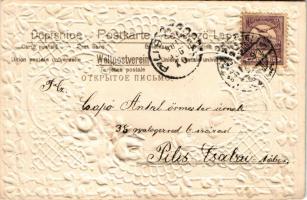 1901 Szecessziós-virágos dombornyomott litho üdvözlőlap lóherékkel és selyem rózsákkal / Art Nouveau...