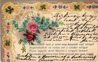 1902 Lekaszálták már a rétet... Szecessziós-virágos dombornyomott litho üdvözlőlap lóherékkel és róz...