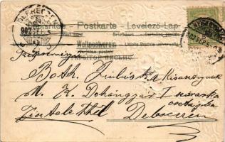 1902 Lekaszálták már a rétet... Szecessziós-virágos dombornyomott litho üdvözlőlap lóherékkel és róz...