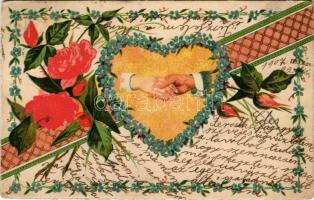 1907 Szecessziós-virágos litho üdvözlőlap rózsákkal / Art Nouveau, floral litho greeting card with roses (EB)