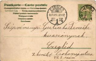 1907 Szecessziós-virágos litho üdvözlőlap rózsákkal / Art Nouveau, floral litho greeting card with r...