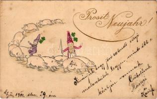 1901 Prosit Neujahr / Újévi szecessziós, dombornyomott üdvözlőlap törpékkel és malacokkal / New Year greeting Art Nouveau Emb. postcard with dwarves and pigs (fl)