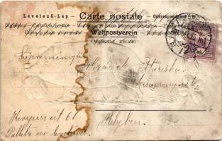 1901 Boldog Újévet! Szecessziós, dombornyomott üdvözlőlap malaccal és lóherékkel / New Year greeting...