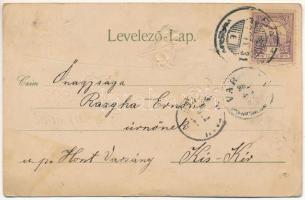 1902 Boldog Újévet! Szecessziós, dombornyomott üdvözlőlap kötéltáncoló malaccal / New Year greeting ...