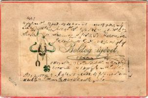 1904 Boldog Újévet! Szecessziós, dombornyomott üdvözlőlap lóherével és patkóval / New Year greeting Art Nouveau Emb. postcard with clover and horseshoes (r)