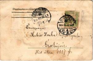 1904 Boldog Újévet! Szecessziós, dombornyomott üdvözlőlap lóherével és patkóval / New Year greeting ...