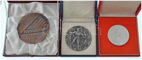 1966. "Magasabb Egység Bajnokság" kétoldalas ezüstpatinázott Al díjplakett, hátoldalán "4x100M gyorsúszó váltó II." gravírozással, tokban (70mm) + DN(~1970) "Székesfehérvári Könnyűfémmű" kétoldalas Al emlékérem tokban (60mm) + 2001. "Alapító tag - A FERROMARK Kft. 10 éves" egyoldalas, lakkozott (?) fém emlékérem dísztokban (90mm) T:XF, a 2001.-es hajlott lemez