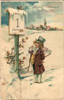 Herzlichen Glückwunsch zum neuen Jahre / Boldog Újévet! Szecessziós litho üdvözlőlap / New Year greeting litho postcard (EB)