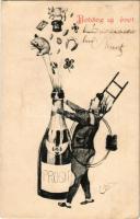 Boldog Újévet! Kéményseprős üdvözlőlap pezsgővel és malacokkal / New Year greeting postcard with chimney sweeper, champagne and pigs (EB)