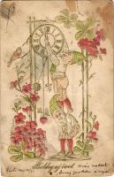 1904 Boldog Újévet! Szecessziós-virágos dombornyomott litho üdvözlőlap törpékkel / New Year greeting Art Nouveau, floral Emb. litho postcard with dwarves (szakadás / tear)