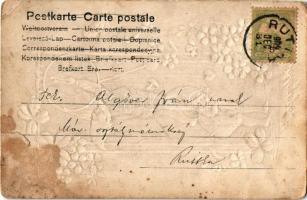 1904 Boldog Újévet! Szecessziós-virágos dombornyomott litho üdvözlőlap törpékkel / New Year greeting...