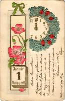 1903 Boldog Újévet! Január 1. Szecessziós-virágos dombornyomott litho üdvözlőlap katicákkal / New Year greeting Art Nouveau, floral Emb. litho postcard (EK)