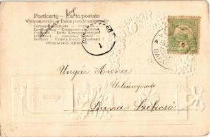 1903 Boldog Újévet! Január 1. Szecessziós-virágos dombornyomott litho üdvözlőlap katicákkal / New Ye...