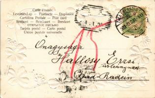 1903 Boldog Újévet! Szecessziós-virágos dombornyomott litho üdvözlőlap lóherékkel / New Year greetin...