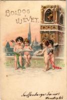 Boldog Újévet! Újévi litho üdvözlőlap angyalokkal / New Year greeting litho postcard with angels (EK)