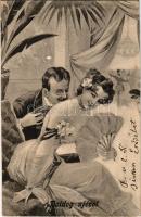 1904 Boldog Újévet! Újévi üdvözlőlap szerelmespárral / New Year greeting postcard with love couple (r)