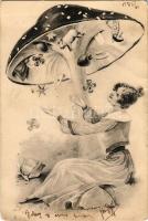 1903 Boldog Újévet! Újévi üdvözlőlap gombával / New Year greeting postcard with mushroom, lady, pig, clovers and horseshoe (kis szakadások / small tears)