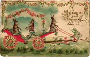 1902 Boldog húsvéti ünnepeket! Szecessziós-virágos dombornyomott litho üdvözlőlap nyúlhintóval / Easter greeting Art Nouveau, floral, Emb. litho postcard with rabbit chariot (lyukak / pinholes)