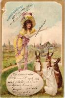 1901 Húsvéti üdvözlet. Szecessziós litho üdvözlőlap nyulakkal és tojással / Easter greeting Art Nouveau, litho postcard with rabbits and egg (szakadás / tear)
