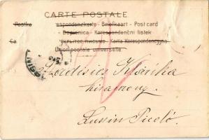 1901 Húsvéti üdvözlet. Szecessziós litho üdvözlőlap nyulakkal és tojással / Easter greeting Art Nouv...