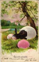 Húsvéti üdvözlet nyúllal és tojással / Easter greeting litho postcard with rabbit and eggs (szakadások / tears)