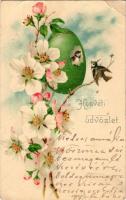 Húsvéti üdvözlet / Easter greeting litho postcard with birds, flowers and egg (szakadás / tear)