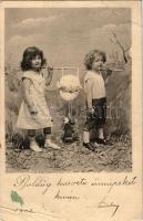 1902 Húsvéti üdvözlet / Easter greeting postcard with children, rabbit and egg (EB)