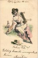 1903 Húsvéti üdvözlet / Easter greeting postcard with lady and rabbits