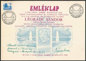 1980 Légrády Sándor grafikusművész pályafutásának 50 éves évfordulójára kiadott, a Lánchíd III. blokkot ábrázoló emléklap, bélyegkiállítási alkalmi bélyegzéssel, Légrády üdvözlő szöveggel és aláírással / Stamp exposition souvenir card with design of the Chain bridge block, with handwriting and signature of stamp designer Légrády