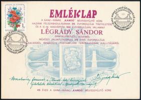 1980 Légrády Sándor grafikusművész pályafutásának 50 éves évfordulójára kiadott, a Lánchíd III. blokkot ábrázoló emléklap, bélyegkiállítási alkalmi bélyegzéssel, Légrády üdvözlő szöveggel és aláírással
