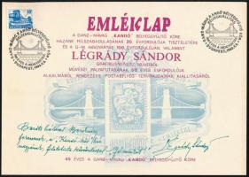 1980 Légrády Sándor grafikusművész pályafutásának 50 éves évfordulójára kiadott, a Lánchíd III. blokkot ábrázoló emléklap, bélyegkiállítási alkalmi bélyegzéssel, Légrády üdvözlő szöveggel és aláírással