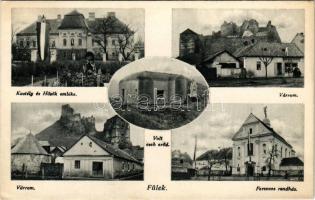 Fülek, Filakovo; Stefani kastély, Hősök emléke, Országzászló, Volt cseh erőd (betonbunker), várrom "Mindent vissza!" irredenta propaganda felirattal, Ferences rendház / castle, military monument, Hungarian flag, Czech concrete bunker, castle ruins with irredenta propaganda, Franciscan monastery(fl)