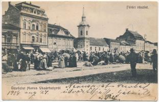 1905 Marosvásárhely, Targu Mures; Fő tér, piac, Petrás Géza, Szalmásy Gyula, Hary Géza, Schwartz János, József Emil üzlete, templom / main square, market, shops, church (ázott / wet damage)