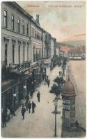 1908 Kolozsvár, Cluj; Mátyás király téri részletek, takarékpénztár, hirdetőoszlop. Lepage Lajos kiadása / square, street, savings bank, advertising column (b)