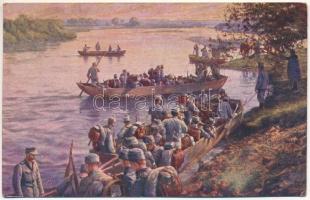 Überschiffung österr.-ung. Truppen über den Wieprz. Weltkrieg 1914-16. Kilophot 2512. / Osztrák-magyar katonai csoport áthajózása a Wieprz folyón. Világháború 1914-16 / WWI Austro-Hungarian K.u.K. military, soldiers crossing a river (ázott / wet damage)