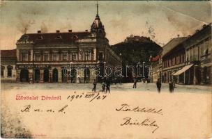 1901 Déva, vár, Holtzer Károly, Szűcs F. Lajos, Hirsch Testvérek üzlete. Hirsch Adolf kiadása / castle ruins, shops (EB)